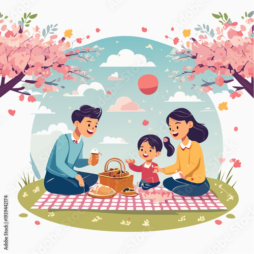 A family of three having a picnic on a blanket under blooming cherry blossom trees with a basket and food in a serene outdoor setting with a clear blue sky.
