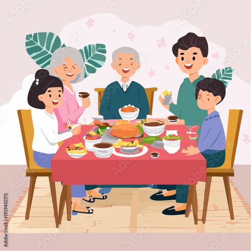 Illustration of a multi-generational family enjoying a meal together at a table with various dishes in a warm and cozy setting.