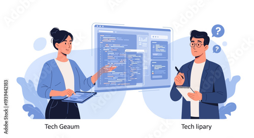Two tech professionals collaborating on coding project with large computer screen
