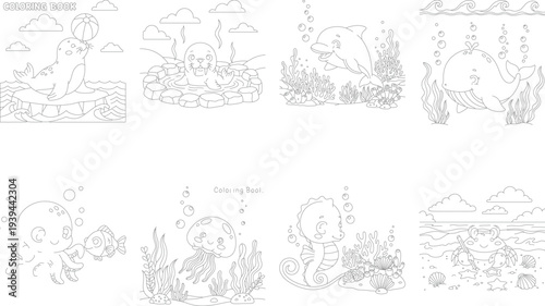 Coloring Book Page: Seal Playing Ball in Ocean