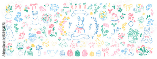 Easter design elements hand drawn collection. Hare, chicken, flowers, leaves, eggs hand sketched simple style. Naive art. Spring garden
illustrations. Colorful vector design.