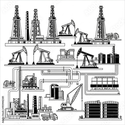 Oil and Gas Industry Infrastructure and Equipment Illustration.