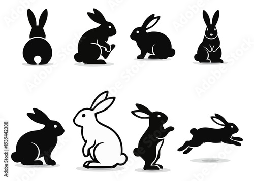 Cute Rabbit Silhouette and Outline Vector Pose Set