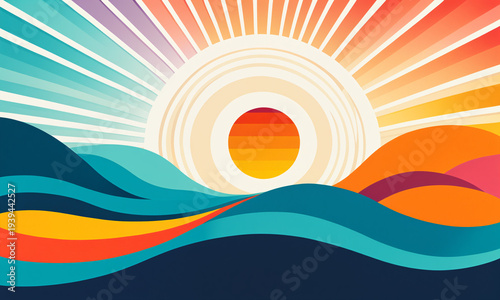 abstract sun rising over wa...