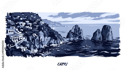 A scenic monochromatic blue illustration of the coastal town of Capri with its iconic rock formations jutting out of the sea.