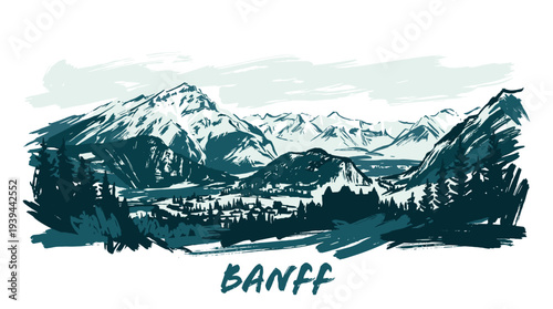 A scenic sketch of the majestic Banff National Park, showcasing snow-capped mountains, evergreen forests, and a serene lake.