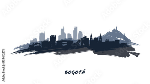 A stylized silhouette of the Bogota skyline, featuring modern skyscrapers and Monserrate hill, rendered in dark blue brushstrokes against a white background.