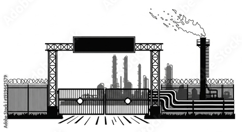 Industrial factory complex with gates and smokestack.