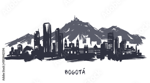 A stylized black and white silhouette of the Bogota skyline with mountains in the background.