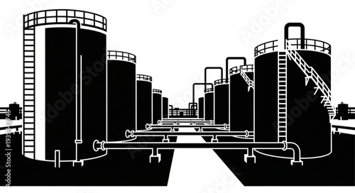 Industrial Storage Tanks with Pipelines and Ladders.