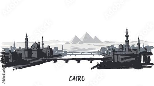 A monochromatic sketch of the Cairo skyline featuring minarets, a bridge over the Nile, and the distant pyramids under a hazy sky.