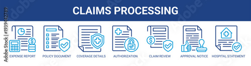Claims Processing web banner icon vector illustration concept with icons of expense report, policy document, coverage details, authorization letter, claim review, approval notice, hospital statement.