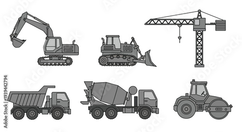 Construction Vehicles Set Excavator Crane Bulldozer Mixer Truck Roller.