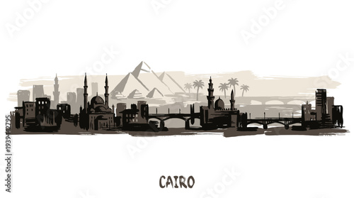 A sepia-toned silhouette of the Cairo skyline, featuring iconic pyramids and minarets, with bridges spanning the Nile River.