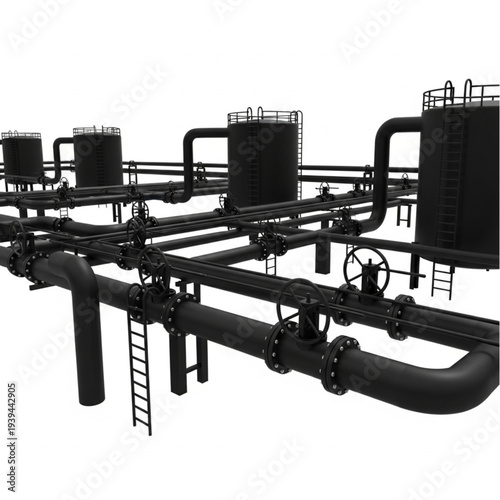 Industrial pipeline system with tanks and valves in a factory setting.