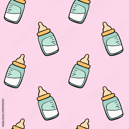 Cute Baby Bottle Seamless Pattern with Cartoon Milk Bottles