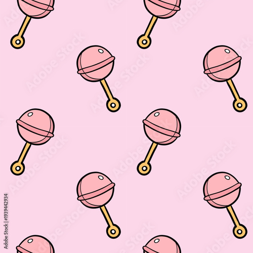 Cute Baby Rattle Seamless Pattern with Pink Toy Rattle