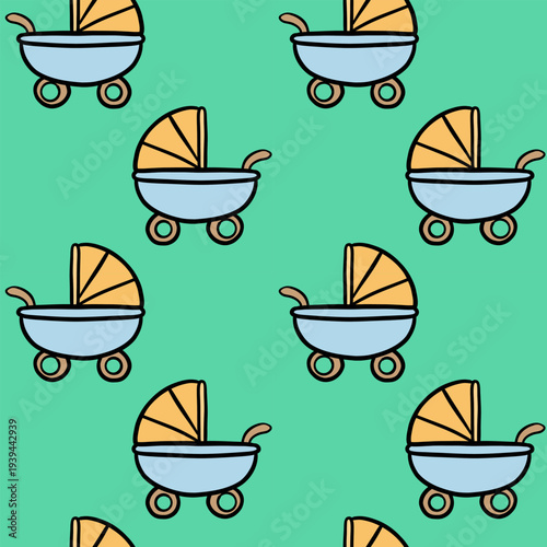 Cute Baby Stroller Seamless Pattern with Cartoon Pram