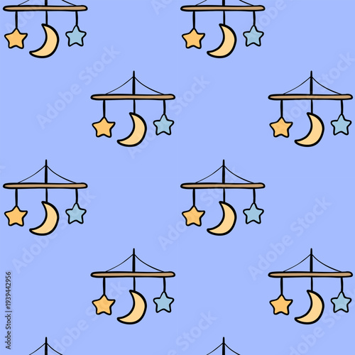 Cute Baby Crib Mobile Seamless Pattern with Moon and Stars
