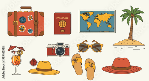 Travel Vacation Icons Suitcase Passport Map Sunglasses Camera Palm Tree.