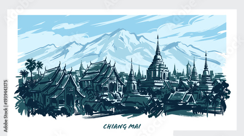 A stylized illustration of the Chiang Mai skyline featuring numerous temples and pagodas with snow-capped mountains in the background.