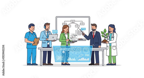 Diverse professionals collaborating around a conference table with data and graphs
