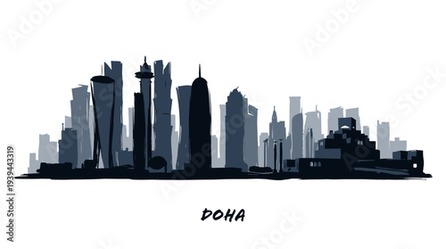 A silhouette of the Doha skyline, showcasing a collection of modern skyscrapers against a white background.