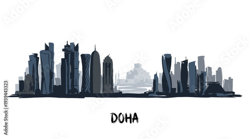 A stylized, minimalist illustration of the Doha skyline, featuring modern skyscrapers and iconic buildings.