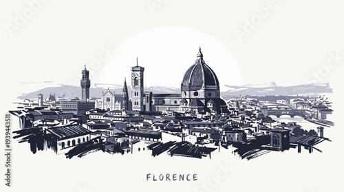 A detailed ink sketch of the Florence skyline, featuring the iconic Duomo and Giotto's Campanile, set against a subtle sunburst.