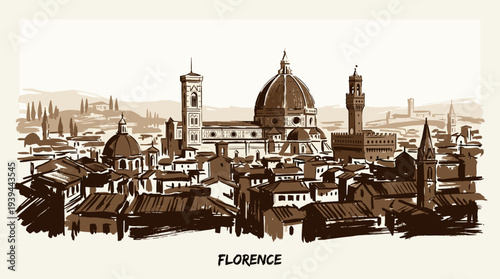 A sepia-toned sketch of the Florence skyline, featuring the iconic Duomo and other historic buildings.