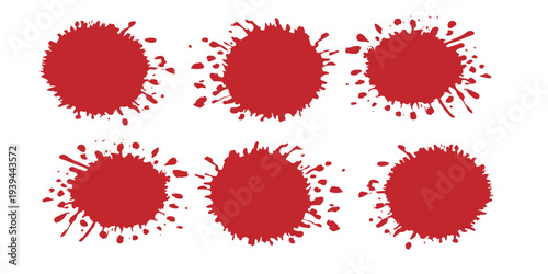 red paint splatter set with ink drops and blood splash effects isolated on white background for design work. six red paint splatter set with ink drops and blood splash effects isolated on white back