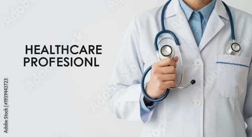 Confident healthcare professional holding stethoscope in white lab coat