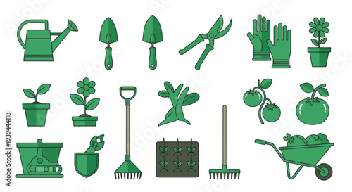 Gardening Tools and Plants Icon Set - Spring Planting and Organic Farming.