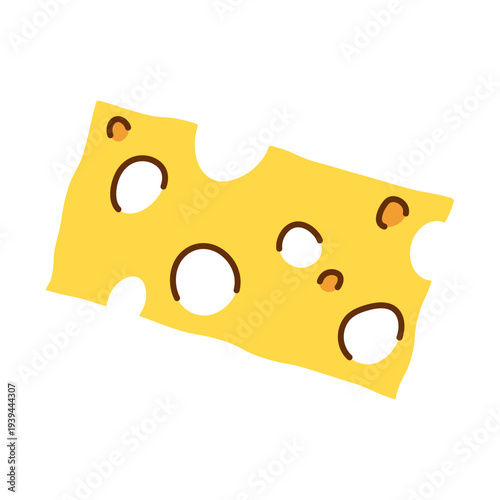 Thin Slice of Yellow Cheese with Large Holes, hand drawn cartoon food illustration