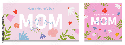 Trendy Mother's Day card, banner, poster, flyer, label or cover with flowers frame, abstract floral pattern in art style. Spring summer bright abstract floral design template for ads promo. Vector