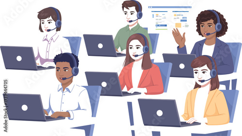 Diverse customer service representatives working together at their desks with laptops and headsets in a modern office environment from a bird's eye view