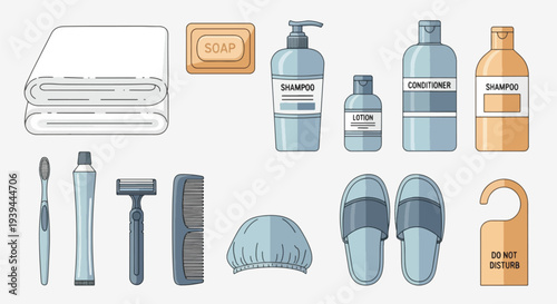 Hotel Bathroom Amenities Set Toiletries Towels and Slippers.