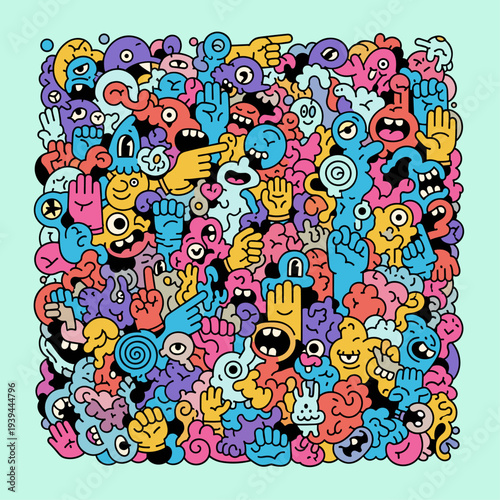 Vibrant Cartoon Hands and Faces Collage.