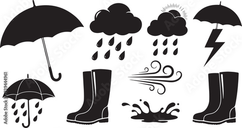 Rainy Weather Icons with Umbrellas and Rain Boots Illustration