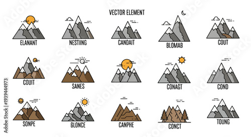 Mountain Peak Icons Nature Adventure Hiking Outdoors  Landscape Scenes.