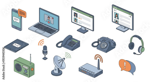 Isometric Communication Devices  Technology Icons Set.