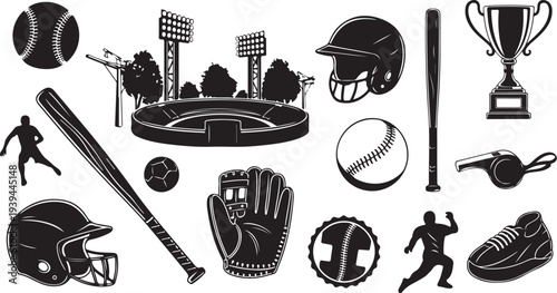 Baseball Sports Equipment and Stadium Icons in Black Silhouette