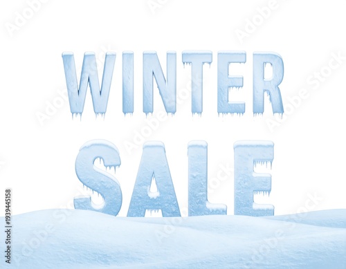 Winter Sale is displayed as frozen text on a snow-covered ground against a plain white background