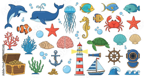 Ocean Life  Nautical Icons Dolphin Whale Turtle Lighthouse Treasure Chest.