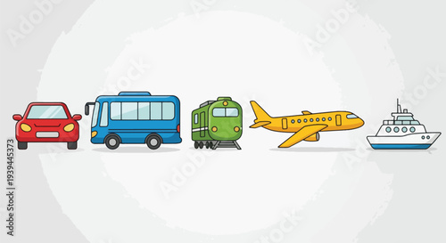 Transportation Vehicles Car Bus Train Airplane Ship Icons.