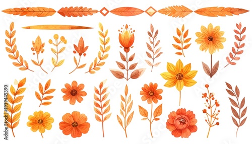 Watercolor fall florals and leaf arrangements in shades of orange, brown, and yellow, laid out flat