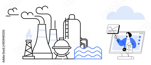 Industrial monitoring. Industrial emissions from a factory alongside remote data analysis highlights environmental oversight. Industrial monitoring enhances sustainability and system efficiency