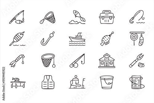 Fishing Tackle and Angler Tools Minimal Line Icon Set for Sport Design