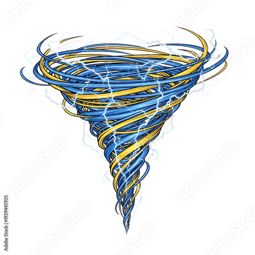 Tornado Swirling with Lightning Strikes and Blue-Yellow Design