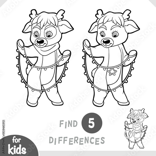 Cute deer with a Christmas tree garland. Spot the differences game for kindergarten and preschool children. Black and white coloring page for kids. Kawaii winter character